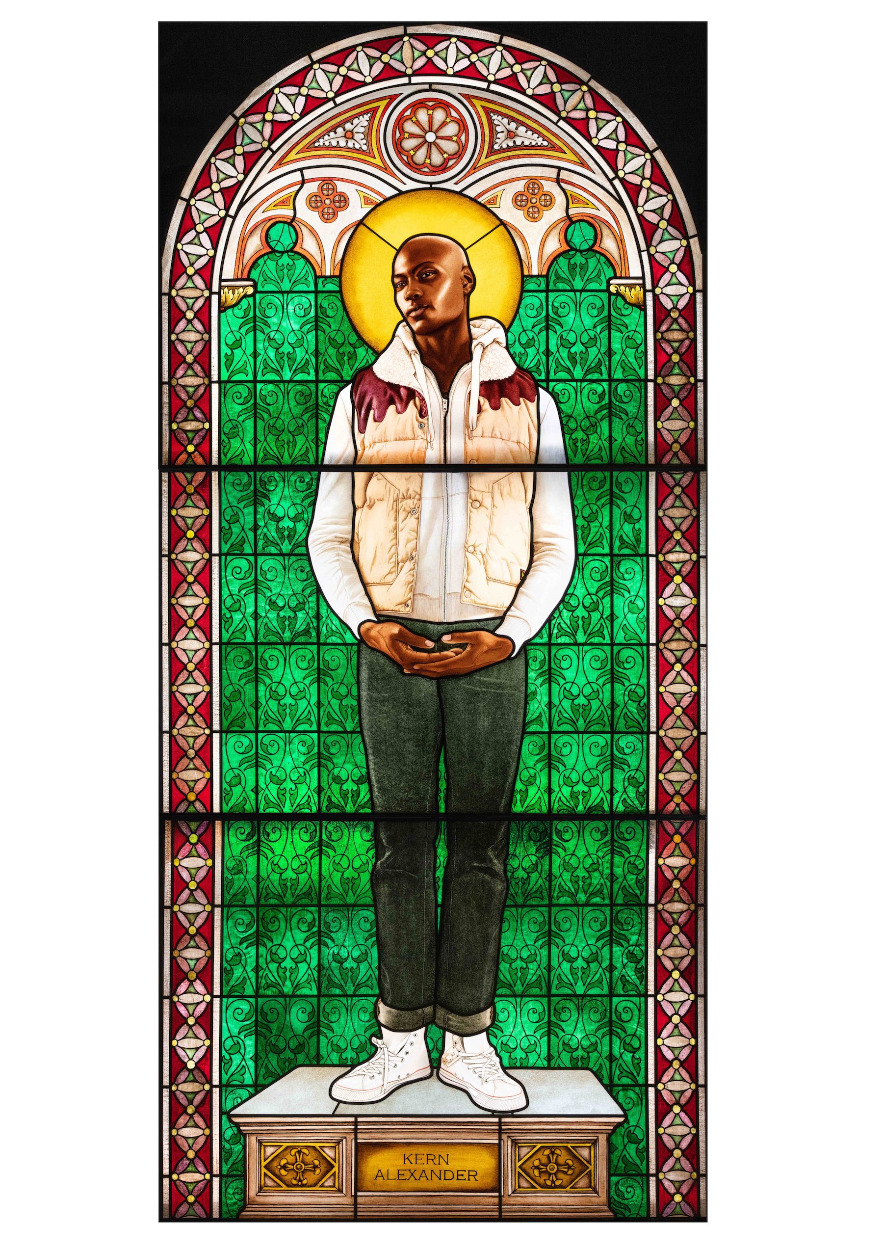 Kehinde Wiley, Saint Amelie, 2014. Vitrail, 251 x 115 cm. Paris, galerie Templon. Photo service de presse © Kehinde Wiley Studio - cliché Elsa